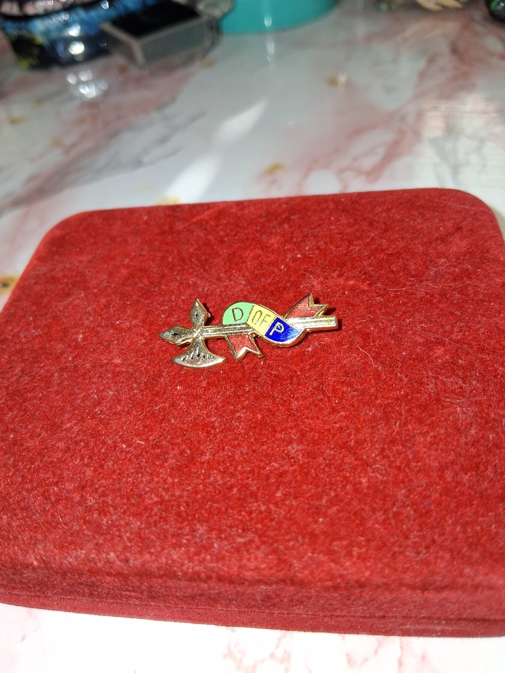 Source Unknown Enamel Brooch - Gold with Green, Blue, Yellow Accents